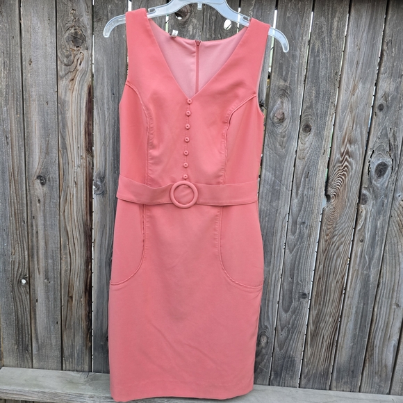 DANQUE Dresses & Skirts - Sleeveless Coral Pink V Neck Belted Sheath Dress Size M